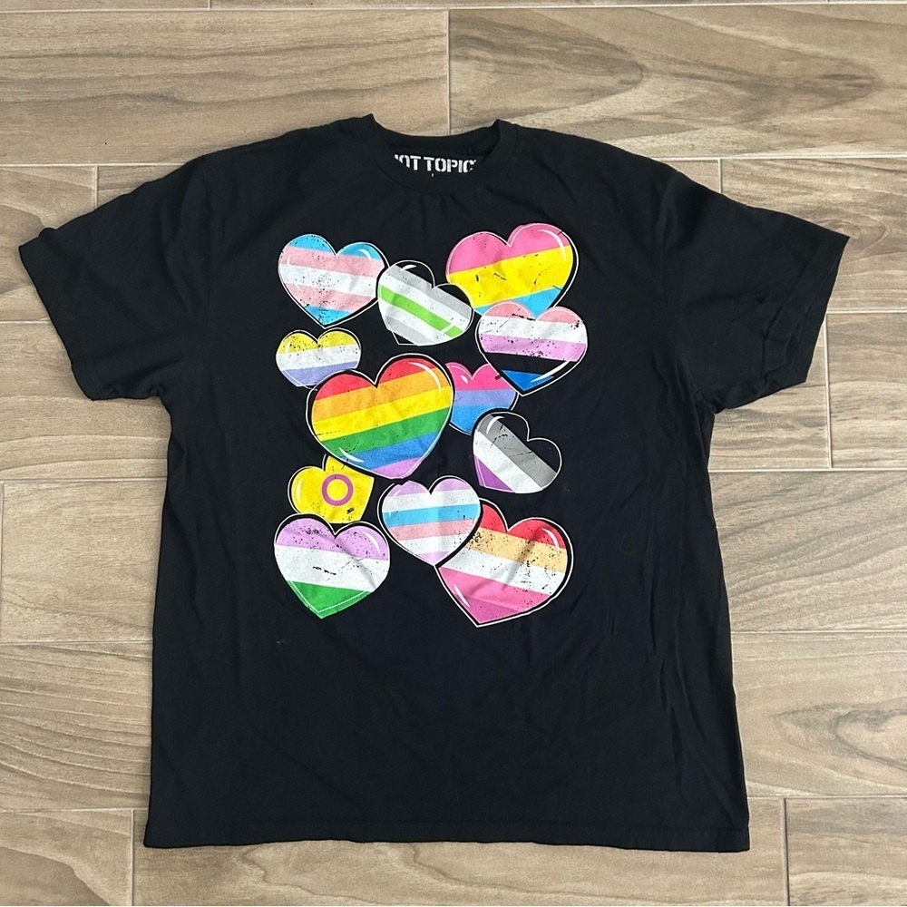 Hot Topic Black Tee with Multicolor Heart Designs